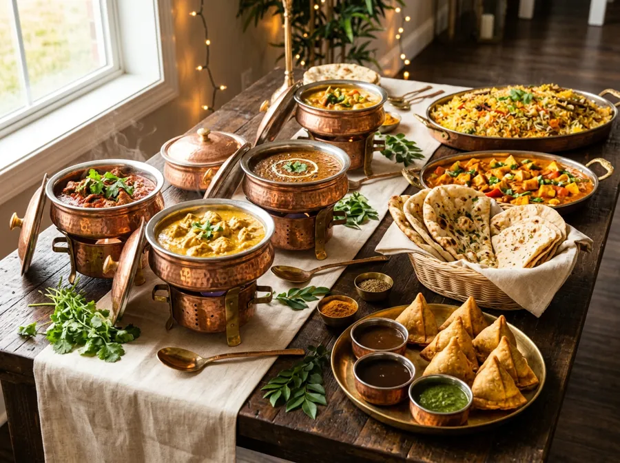 A catering buffet of Indian curries, biryani and naan