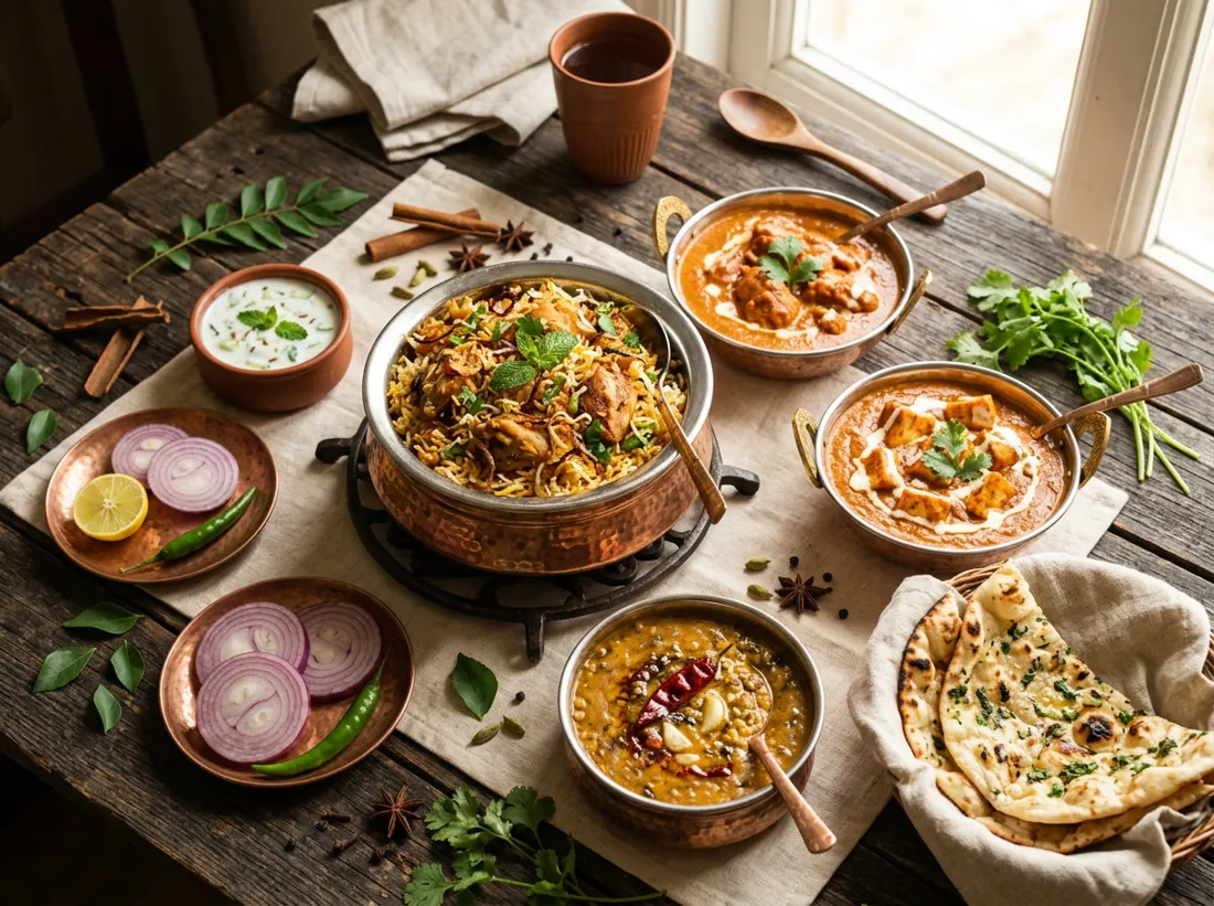 A table spread with chicken biryani, paneer tikka masala, butter chicken, dal and naan